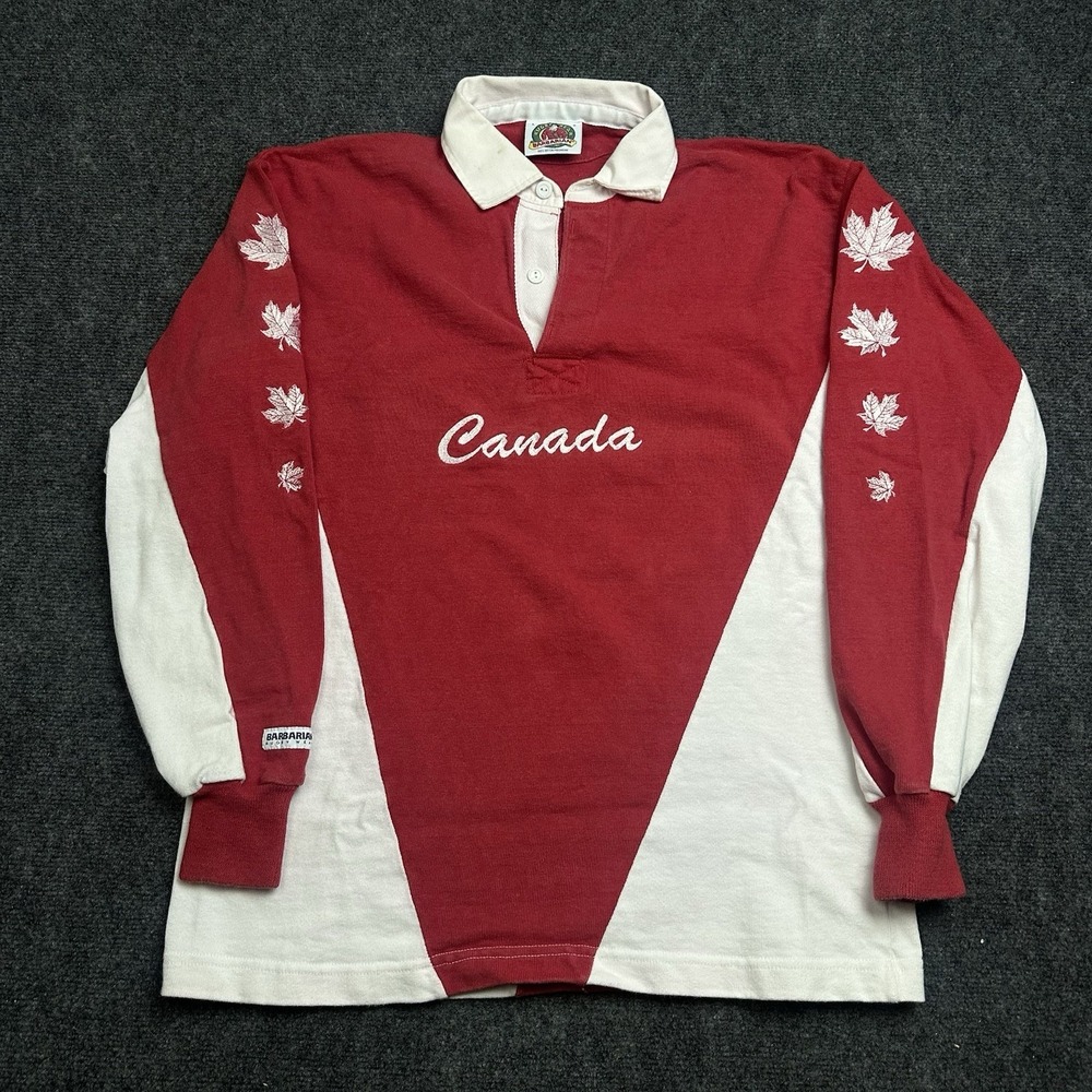 VTG 90s Canada Rugby Shirt Men's Large White Red The Barbarian Maple Leafs
